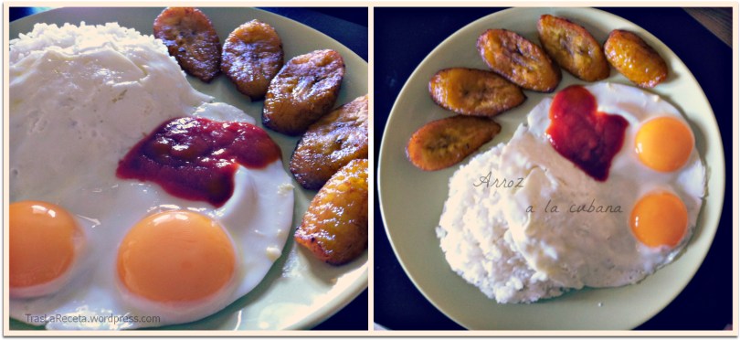 arroz a la cubana con plátanos machos maduros fritos